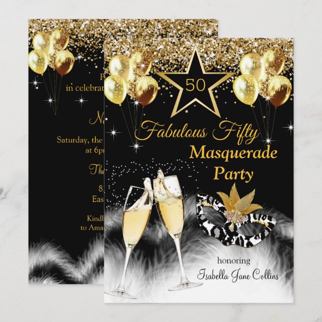 Invitación Fiesta de Cumpleaños Mascarada Fabulosa 50  (Anverso / Reverso)