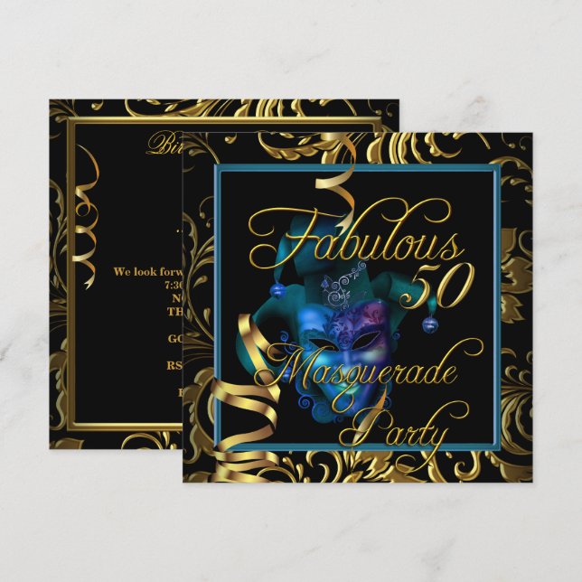Invitación Fiesta de Cumpleaños Mascarada Fabulosa 50 Azul Do (Anverso / Reverso)