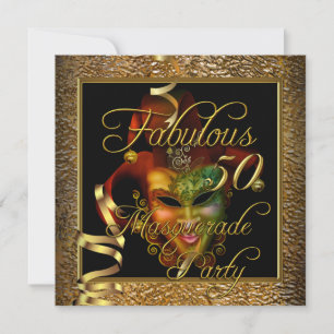 Invitación Fiesta de Cumpleaños Mascarada Fabulosa 50 Dorado 