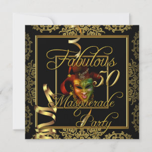 Invitación Fiesta de Cumpleaños Mascarada Fabulosa 50 Dorado 