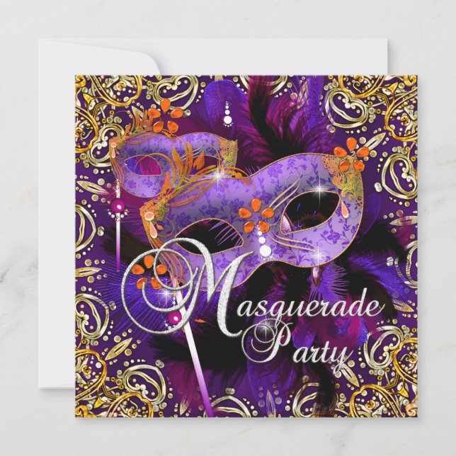 Invitación Fiesta de cumpleaños Mascarada Oro Naranja púrpura (Anverso)