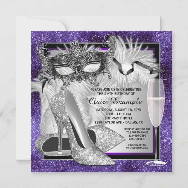 Invitación Fiesta de Cumpleaños Mascarada Purpura y Plateada  (Anverso)
