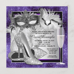 Invitación Fiesta de Cumpleaños Mascarada Purpura y Plateada