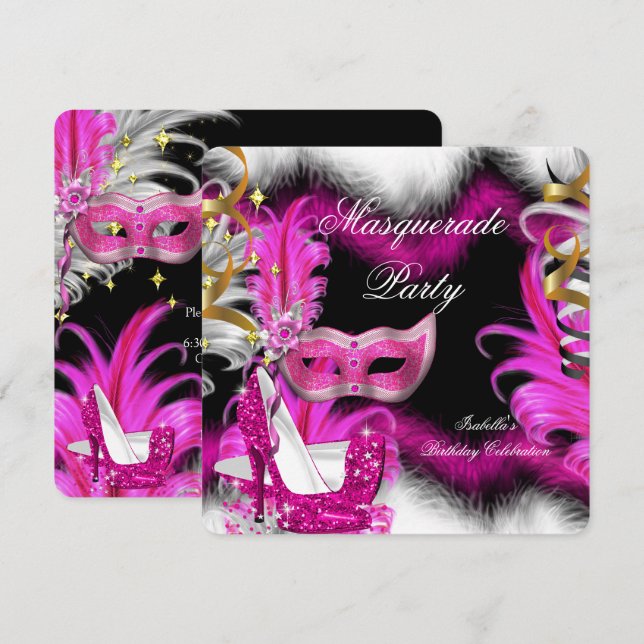 Invitación Fiesta de Cumpleaños Mascarada Rosa Negro Blanco 2 (Anverso / Reverso)