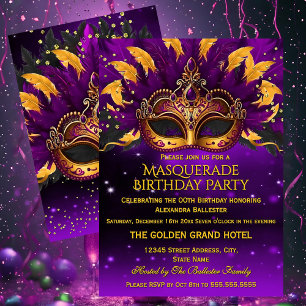 Invitación Fiesta de Cumpleaños Máscaras de Purpurado Dorado 
