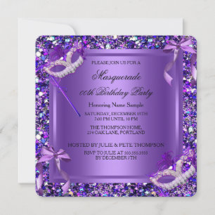 Invitación Fiesta de Cumpleaños Máscaras Purpura Purpurina Ma