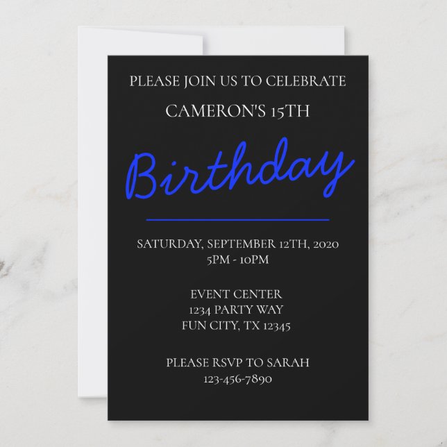 Invitación Fiesta de cumpleaños masculino de adolescente (Anverso)