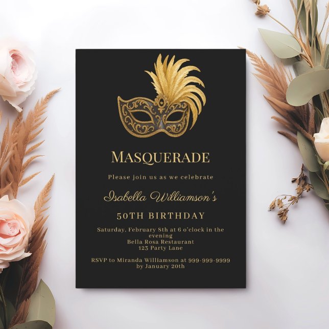 Invitación Fiesta de cumpleaños Masquerade oro negro (Subido por el creador)