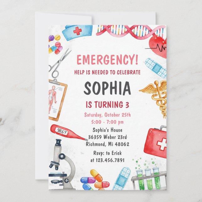 Invitación Fiesta de Cumpleaños Médica Digital Personalizada  (Anverso)