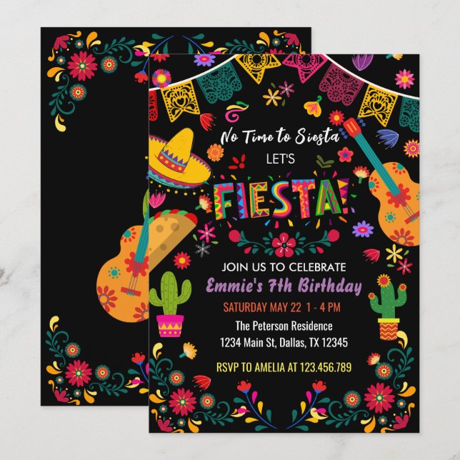 Invitación Fiesta de cumpleaños mexicana negra, sin siesta (Anverso / Reverso)