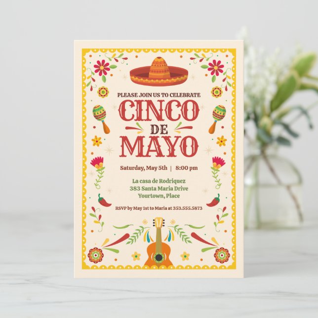 Invitación Fiesta de cumpleaños mexicana por el Cinco de Mayo (Anverso de pie)