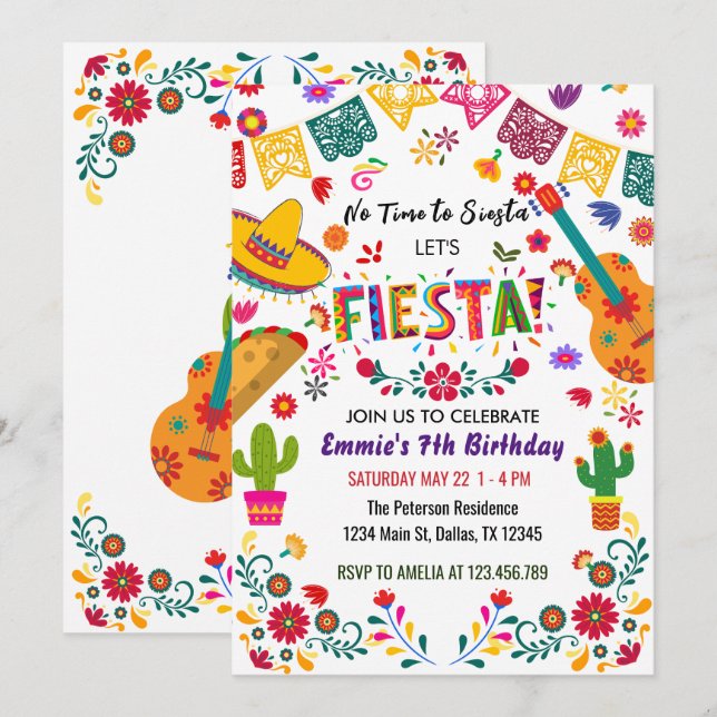 Invitación Fiesta de cumpleaños mexicana, sin siesta (Anverso / Reverso)