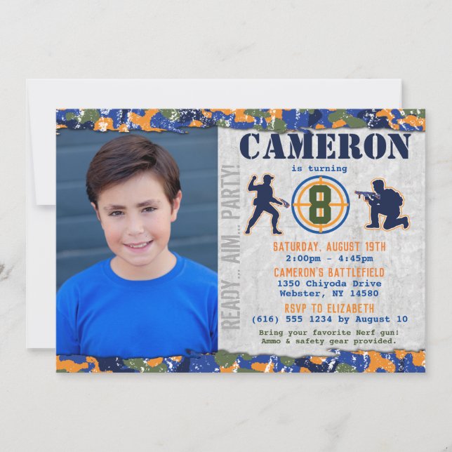 Invitación Fiesta de cumpleaños militar de dardos Camuflaje S (Anverso)