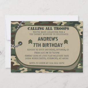 Invitación Fiesta de cumpleaños militar personalizada con cam
