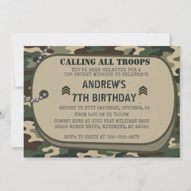 Invitación Fiesta de cumpleaños militar personalizada con cam (Anverso)
