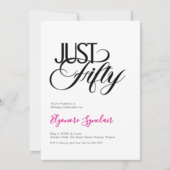 Invitación Fiesta de cumpleaños Minimal Just Fifty 50 (Anverso)