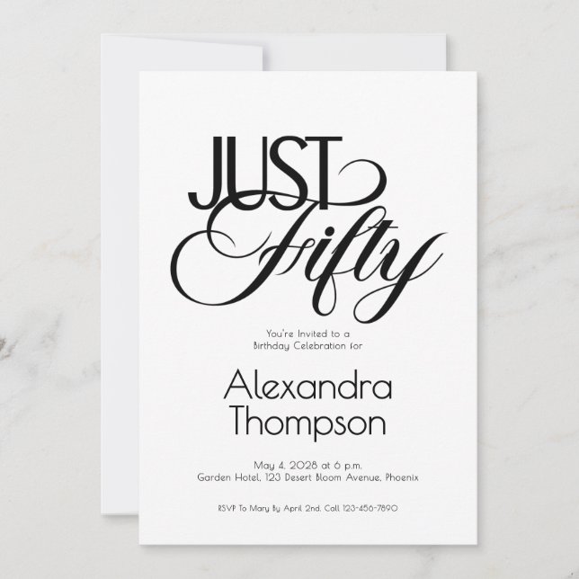 Invitación Fiesta de cumpleaños Minimal Just Fifty 50 (Anverso)