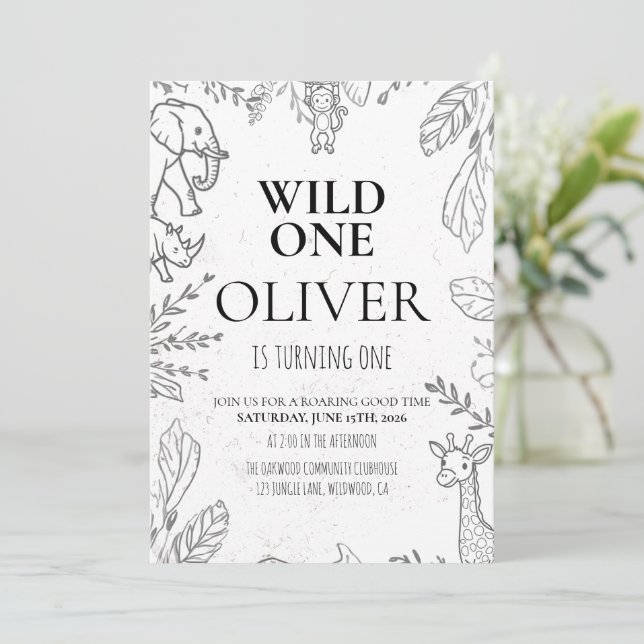 Invitación Fiesta de Cumpleaños Minimal Wild One Safari 1er A (Anverso de pie)