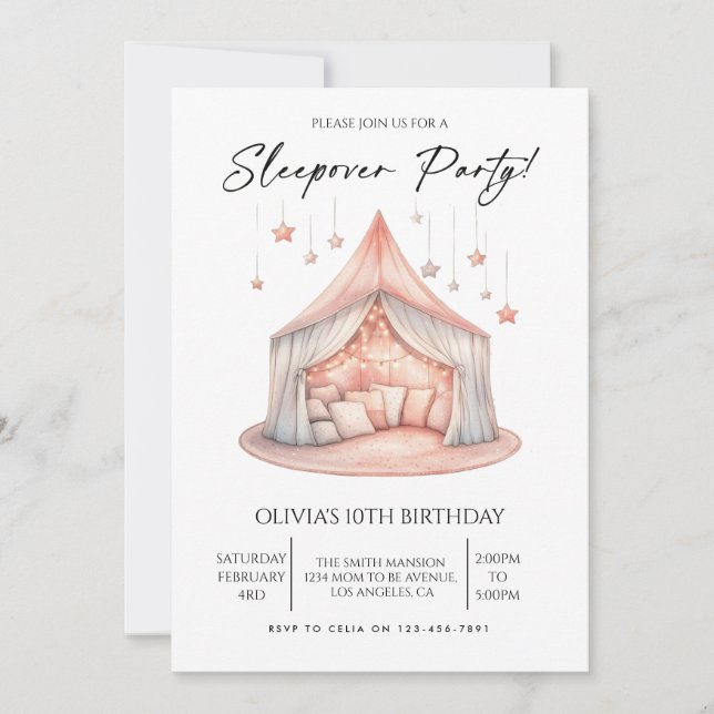 Invitación Fiesta de cumpleaños Minimalist Girl Sleepover (Anverso)