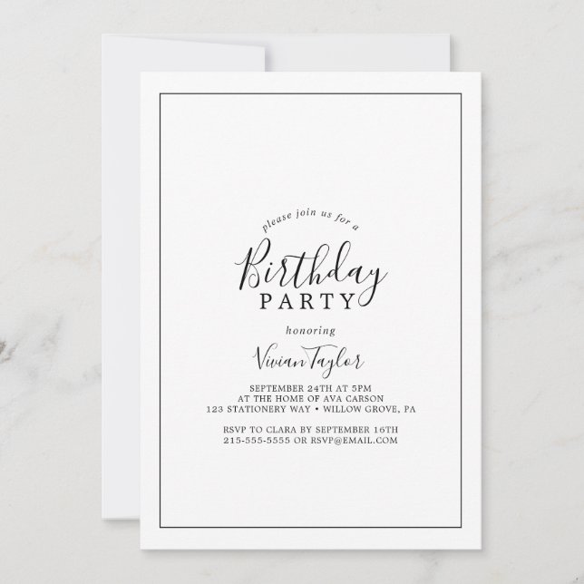 Invitación Fiesta de cumpleaños minimalista (Anverso)