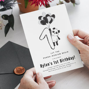 Invitación Fiesta de cumpleaños minimalista de panda en blanc