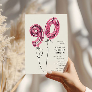 Invitación Fiesta de Cumpleaños Minimalista Rosa 90 Globos 90