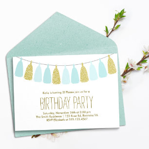 Invitación Fiesta de cumpleaños Mint and Gold Tassel Garland