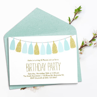 Invitación Fiesta de cumpleaños Mint and Gold Tassel Garland