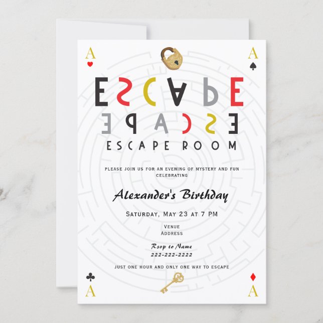 Invitación Fiesta de Cumpleaños Misterio de Escape Room (Anverso)