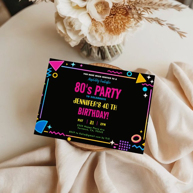 Invitación Fiesta de cumpleaños Modern Retro Neon 80 (Modern Retro Neon 80's Birthday Party Invitation
)