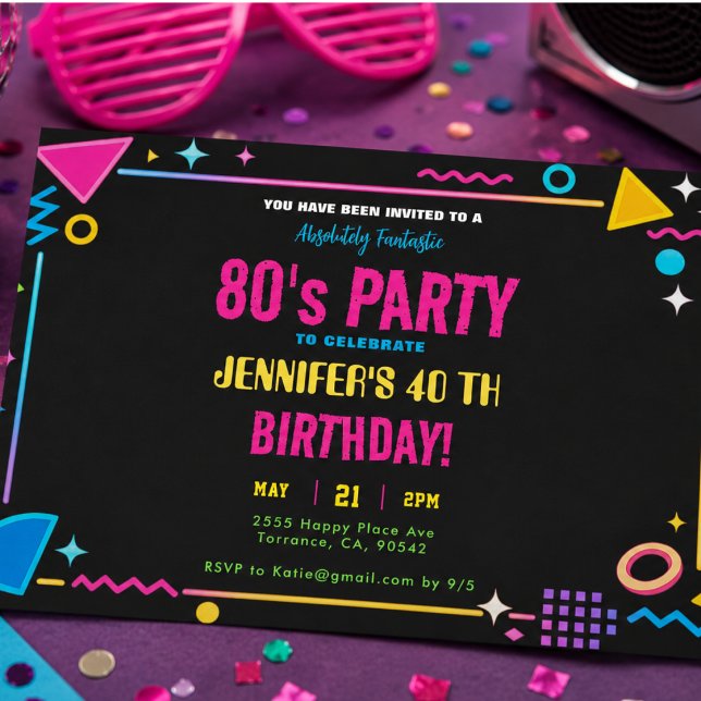 Invitación Fiesta de cumpleaños Modern Retro Neon 80 (Modern Retro Neon 80's Birthday Party Invitation)