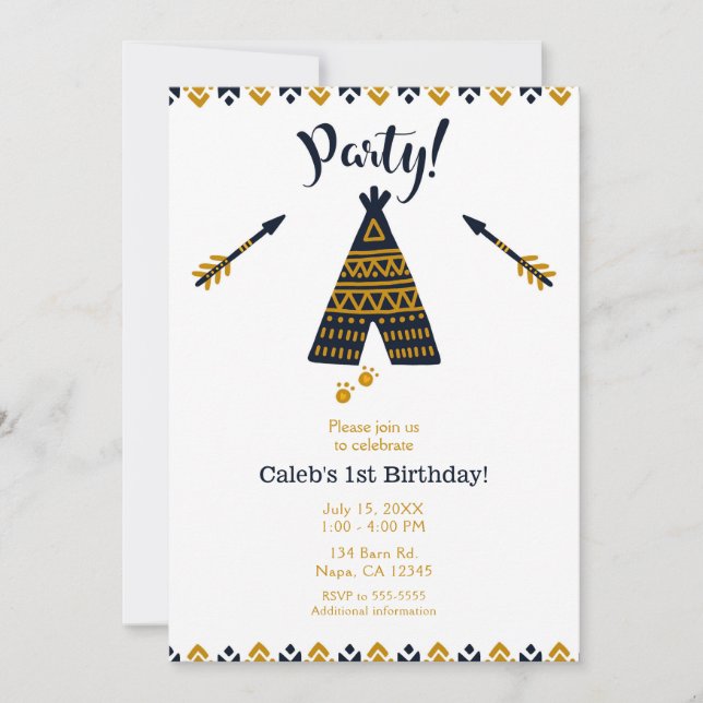 Invitación Fiesta de Cumpleaños Moderna Boho Tepee Azul y Dor (Anverso)