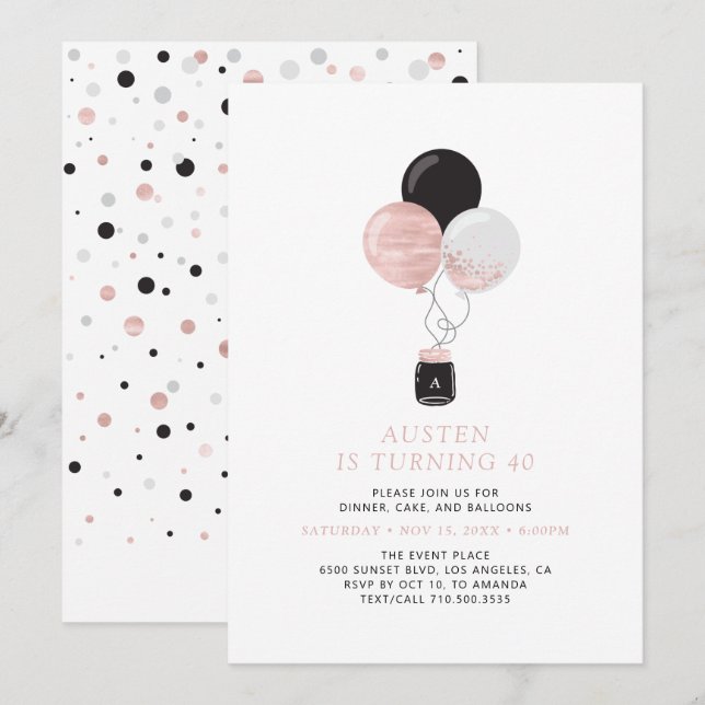 Invitación Fiesta de cumpleaños moderna con globos de oro ros (Anverso / Reverso)