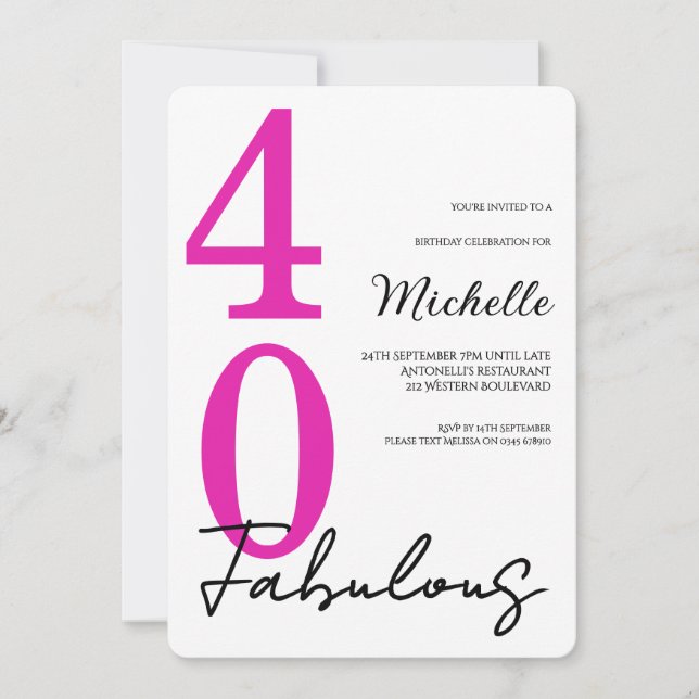 Invitación Fiesta de cumpleaños moderna de 40 y fabulosa (Anverso)