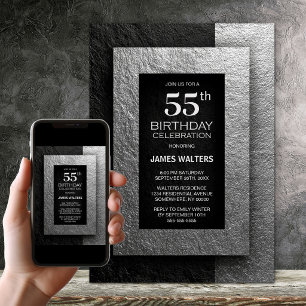 Invitación Fiesta de Cumpleaños Moderna de 55 Años en Negro y