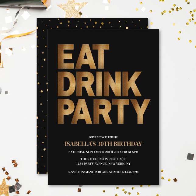 Invitación Fiesta de cumpleaños moderna de comer beber negro  (Subido por el creador)