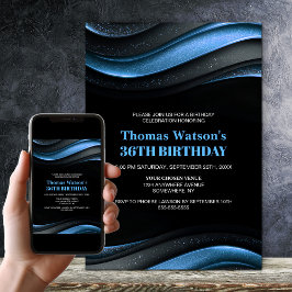 Invitación Fiesta de Cumpleaños Moderna de Negro y Azul para 