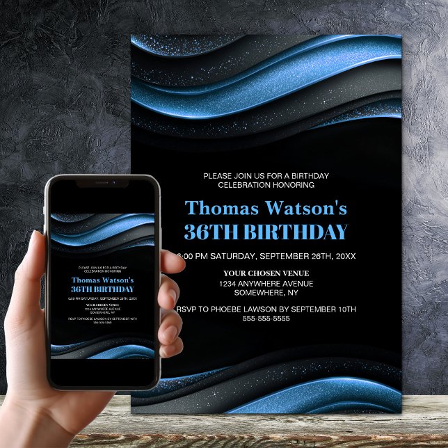 Invitación Fiesta de Cumpleaños Moderna de Negro y Azul para  (Subido por el creador)