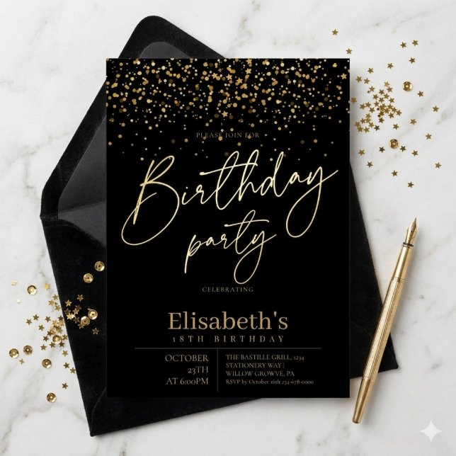 Invitación Fiesta de Cumpleaños Moderna de Negro y Dorado (Subido por el creador)