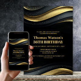 Invitación Fiesta de Cumpleaños Moderna de Negro y Dorado par