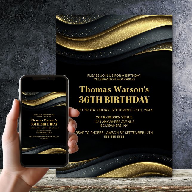 Invitación Fiesta de Cumpleaños Moderna de Negro y Dorado par (Subido por el creador)