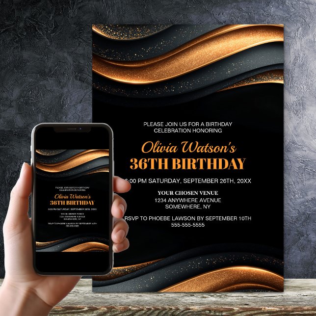 Invitación Fiesta de cumpleaños moderna de negro y naranja pa (Subido por el creador)