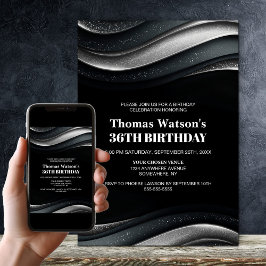 Invitación Fiesta de Cumpleaños Moderna de Negro y Plata para