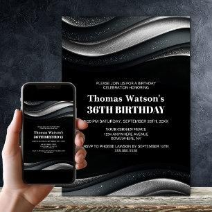 Invitación Fiesta de Cumpleaños Moderna de Negro y Plata para