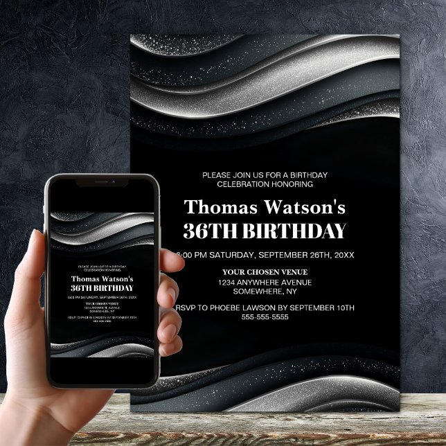 Invitación Fiesta de Cumpleaños Moderna de Negro y Plata para (Subido por el creador)