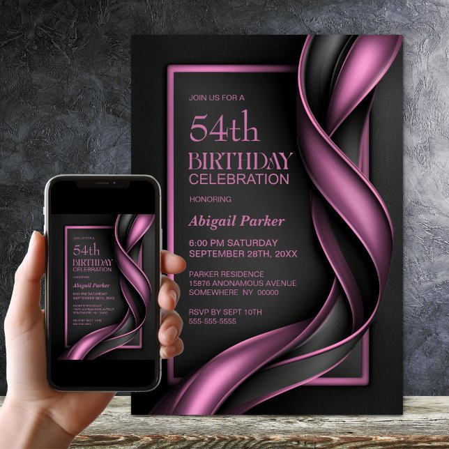 Invitación Fiesta de Cumpleaños Moderna de Negro y Rosa (Subido por el creador)