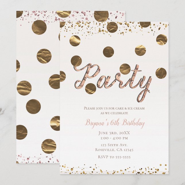 Invitación Fiesta de Cumpleaños Moderna de Oro Rosa con Lunar (Anverso / Reverso)