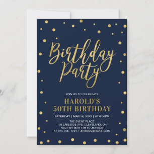 Invitación Fiesta de cumpleaños moderna de oro y azul marino 