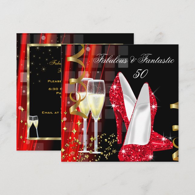 Invitación Fiesta de Cumpleaños Moderna Dorada Roja Fantástic (Anverso / Reverso)