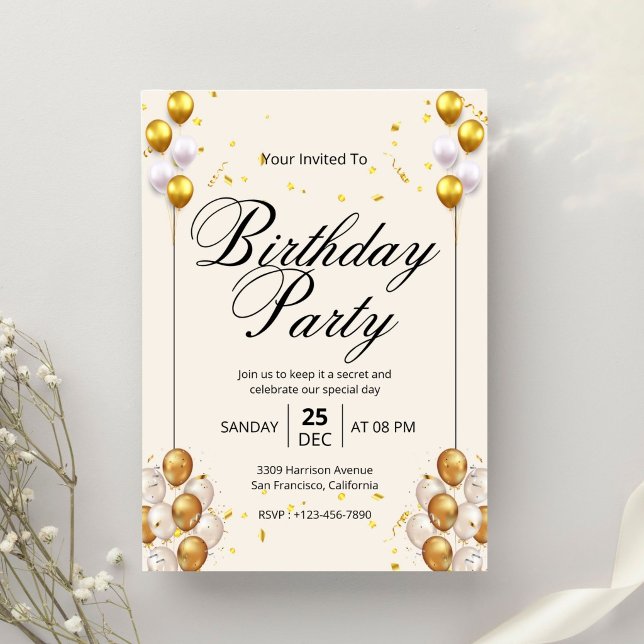 Invitación Fiesta de Cumpleaños Moderna en Dorado Beige (Subido por el creador)